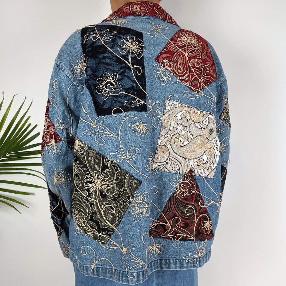 Vintage 90s Boho Patchwork Denim Oversized Jean Jacket / Size: Medium - Picture 5 of 7